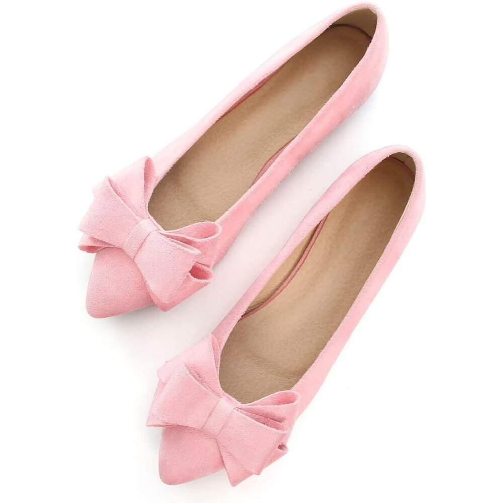Women's Light Pink Bowknot Ballet Flats Pointy Toe Casual Flat Shoes Suede